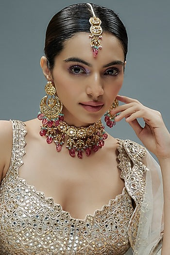 Gold Finish Kundan Polki & Semi-Precious Stone Choker Necklace Set