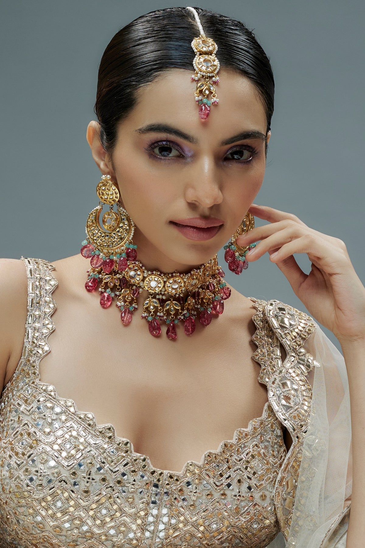 Gold Finish Kundan Polki & Semi-Precious Stone Choker Necklace Set
