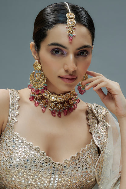 Gold Finish Kundan Polki & Semi-Precious Stone Choker Necklace Set