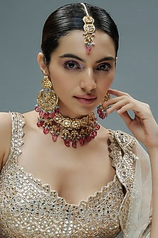 Gold Finish Kundan Polki & Semi-Precious Stone Choker Necklace Set