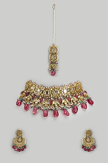 Gold Finish Kundan Polki & Semi-Precious Stone Choker Necklace Set