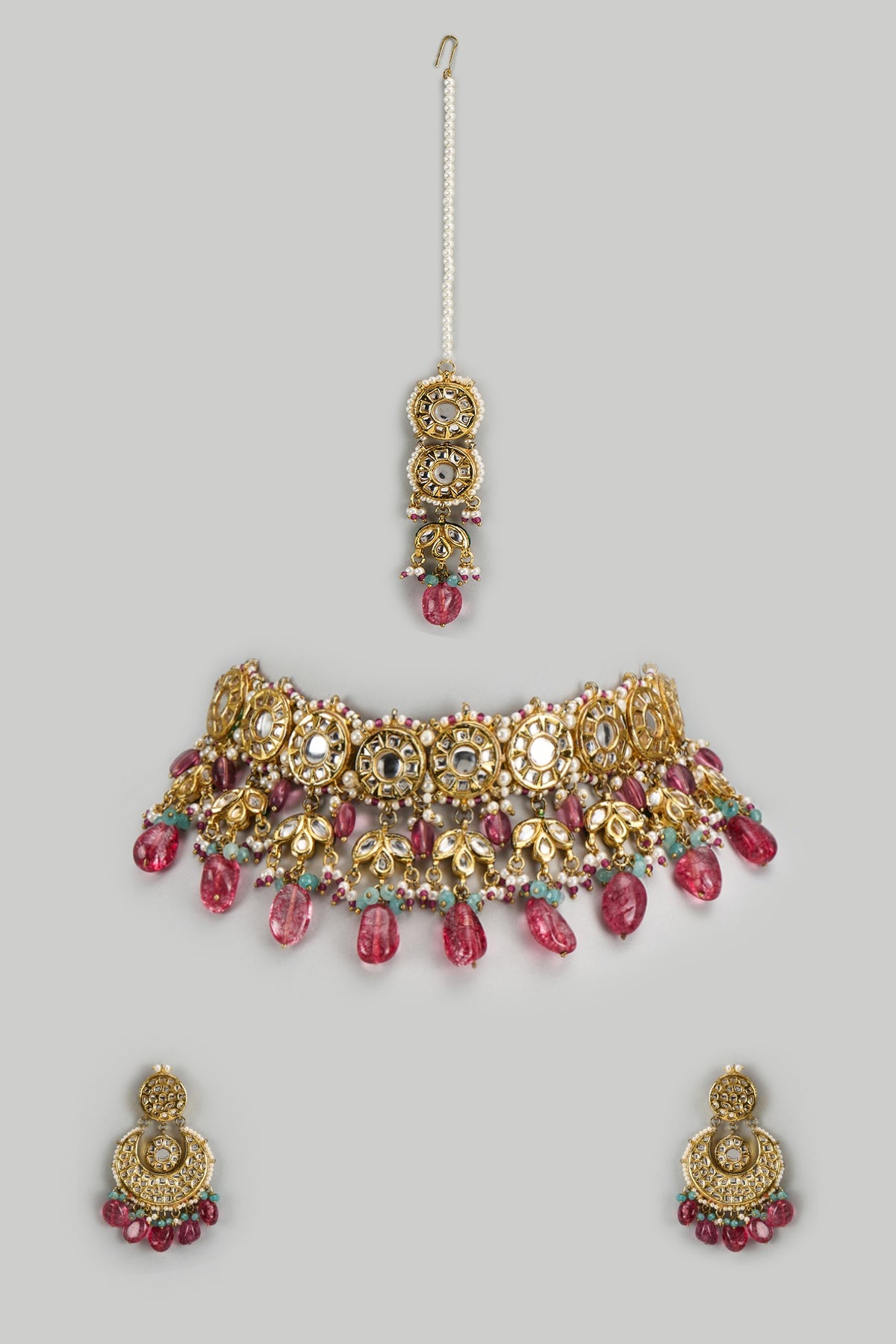 Gold Finish Kundan Polki & Semi-Precious Stone Choker Necklace Set