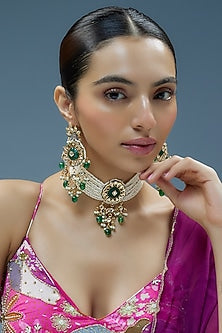 Gold Finish Kundan Polki & Semi-Precious Stone Choker Necklace Set