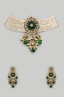 Gold Finish Kundan Polki & Semi-Precious Stone Choker Necklace Set