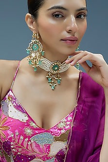 Gold Finish Kundan Polki & Semi-Precious Stone Choker Necklace Set