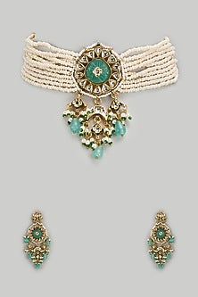 Gold Finish Kundan Polki & Semi-Precious Stone Choker Necklace Set