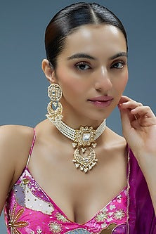 Gold Finish Kundan Polki & Semi-Precious Stone Choker Necklace Set