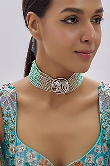 Gold Finish Kundan Polki & Crystal Beaded Choker Necklace