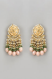 Gold Finish Peach Kundan Polki Dangler Earrings