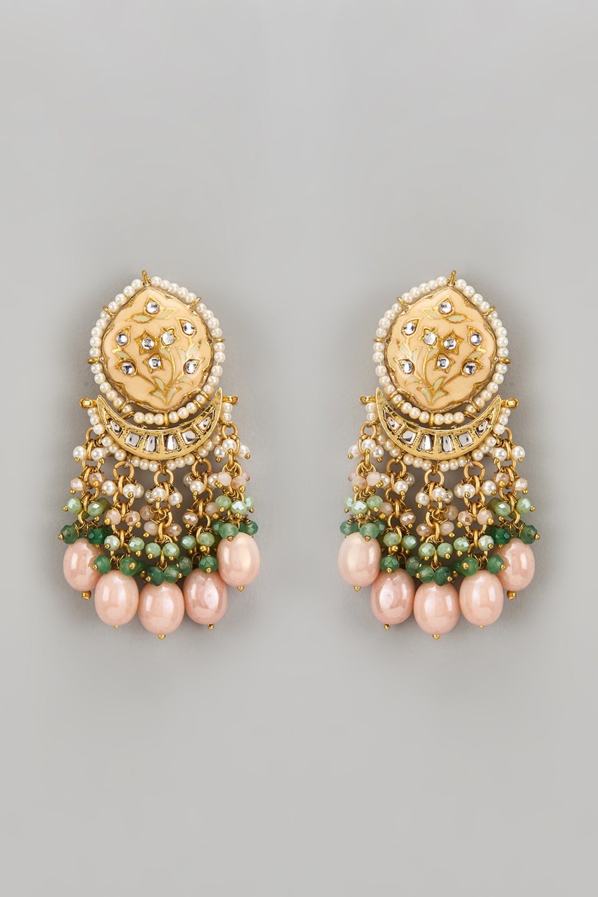 Gold Finish Peach Kundan Polki Dangler Earrings