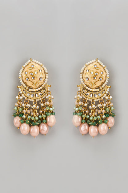 Gold Finish Peach Kundan Polki Dangler Earrings