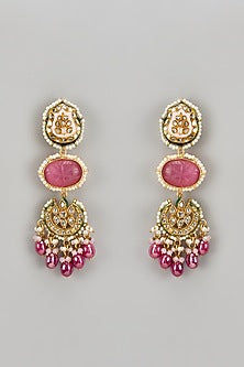Gold Finish Pink Kundan Polki Dangler Earrings