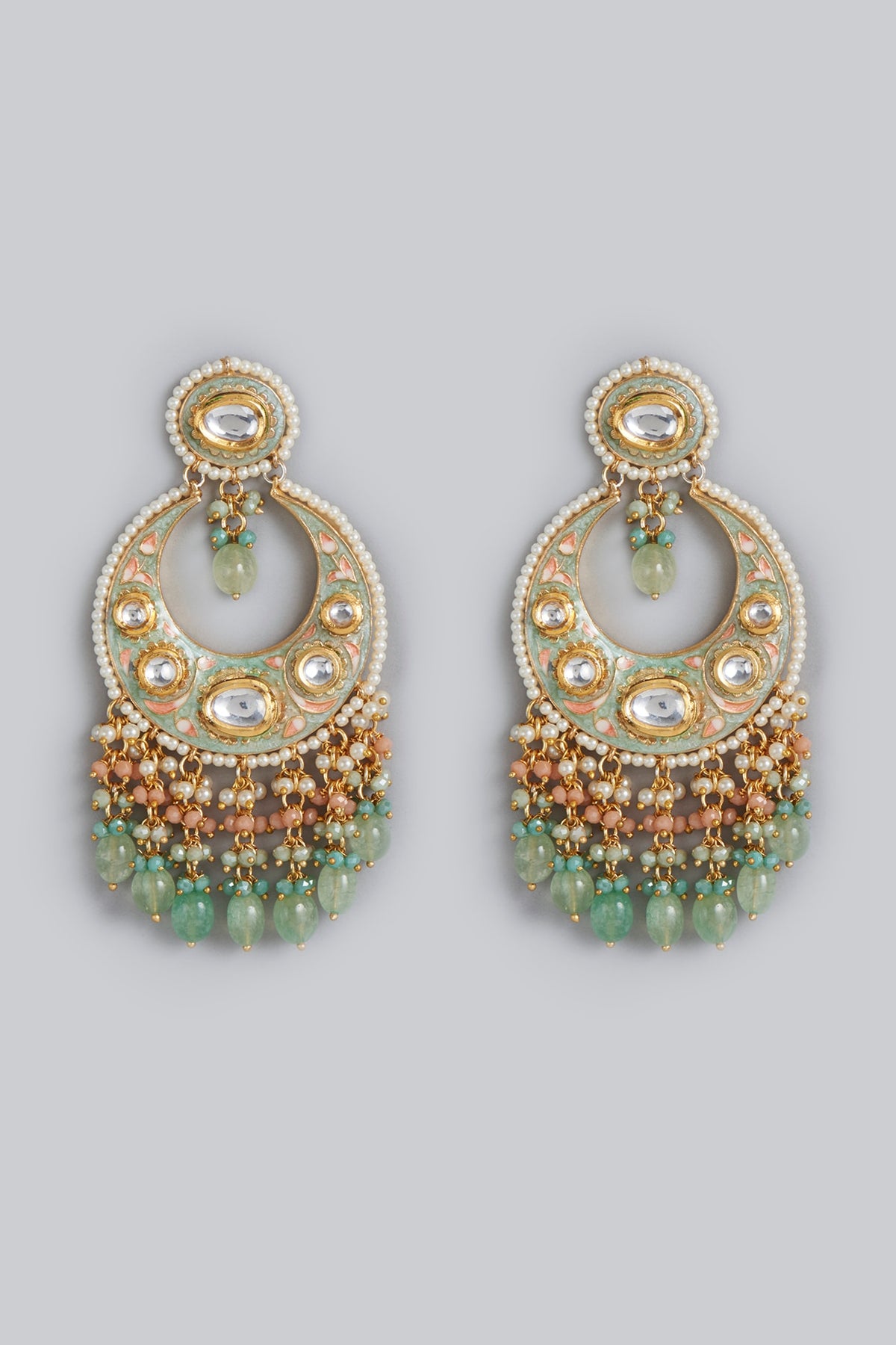 Gold Finish Meenakari & Kundan Polki Chandbali Earrings