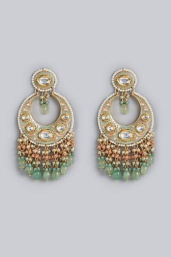 Gold Finish Meenakari & Kundan Polki Chandbali Earrings