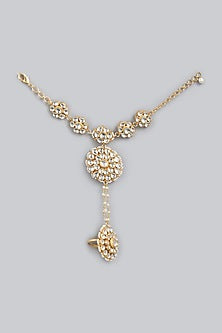 Gold Finish Kundan Polki & Faux Pearls Hand Harness