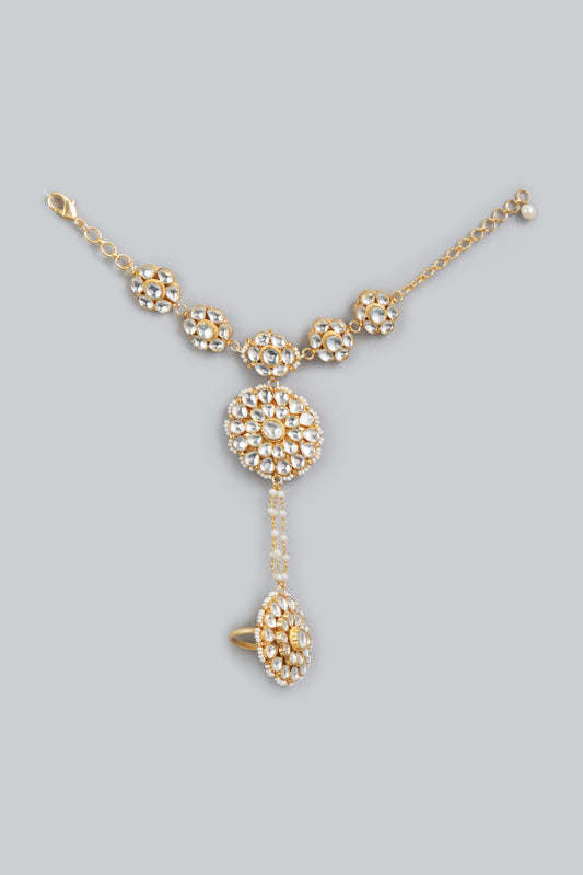 Gold Finish Kundan Polki & Faux Pearls Hand Harness