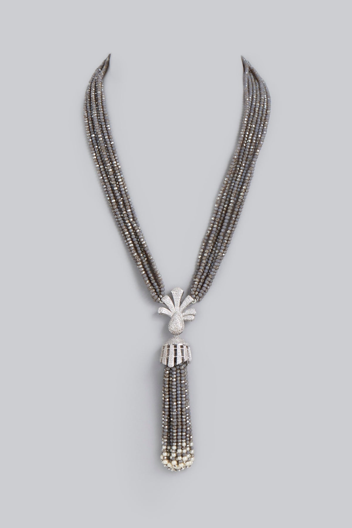 White Finish Zircons & Crystal Beads Long Necklace