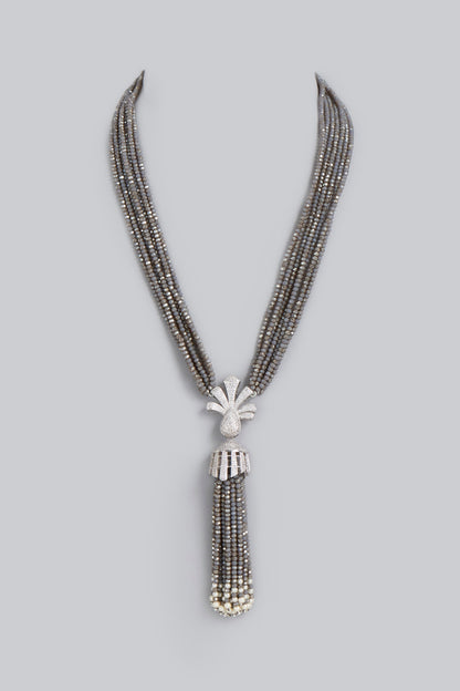 White Finish Zircons & Crystal Beads Long Necklace