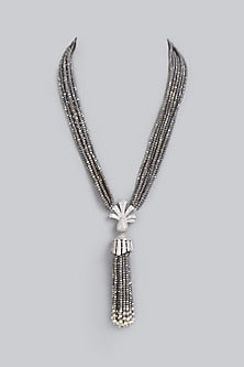 White Finish Zircons & Crystal Beads Long Necklace