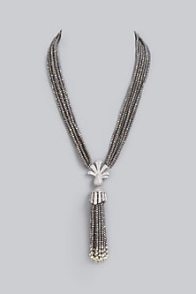 White Finish Zircons & Crystal Beads Long Necklace