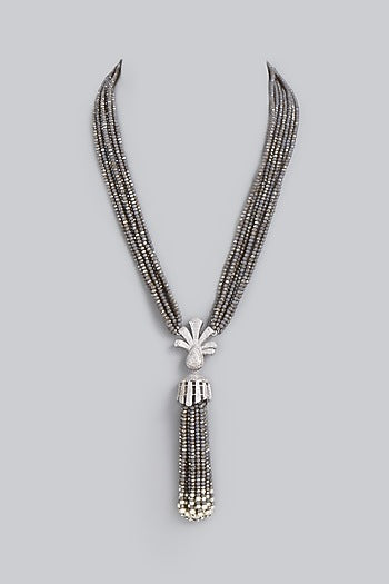 White Finish Zircons & Crystal Beads Long Necklace