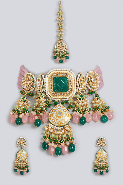 Gold Finish Necklace Set With Kundan Polki