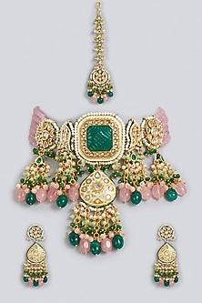 Gold Finish Necklace Set With Kundan Polki