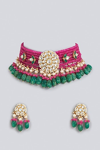 Gold Finish Kundan Polki Necklace Set In Brass