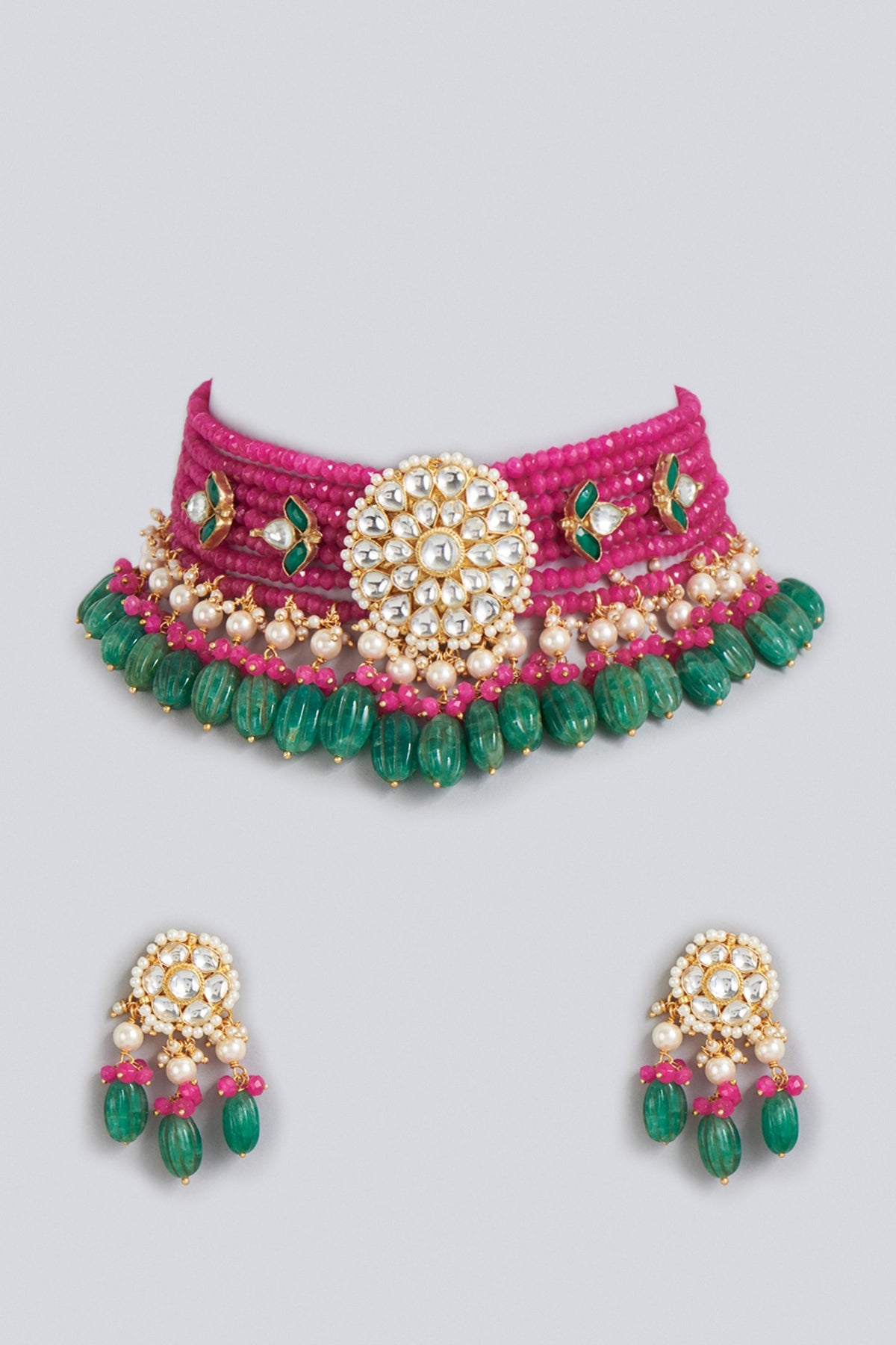 Gold Finish Kundan Polki Necklace Set In Brass