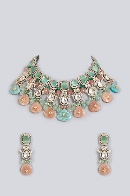 Two Tone Finish Kundan Polki & Semi Precious Stones Necklace Set With Maangtikka