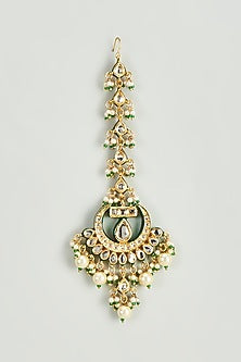 Gold Finish Kundan Polki & Green Semi-Precious Stone Maang Tikka