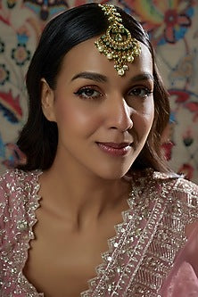 Gold Finish Kundan Polki & Green Semi-Precious Stone Maang Tikka