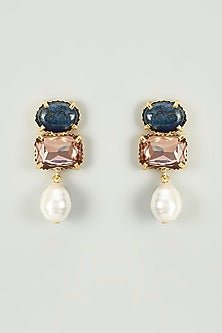 Gold Finish Blue & Golden Swarosvki Dangler Earrings