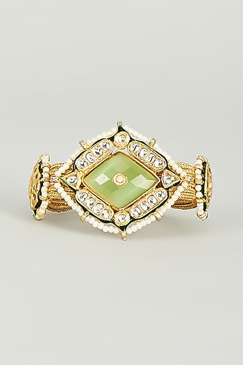 Gold Finish Kundan Polki & Aqua Green Semi-Precious Stone Bracelet