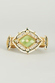 Gold Finish Kundan Polki & Aqua Green Semi-Precious Stone Bracelet