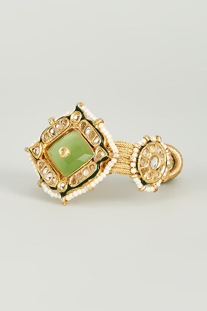 Gold Finish Kundan Polki & Aqua Green Semi-Precious Stone Bracelet