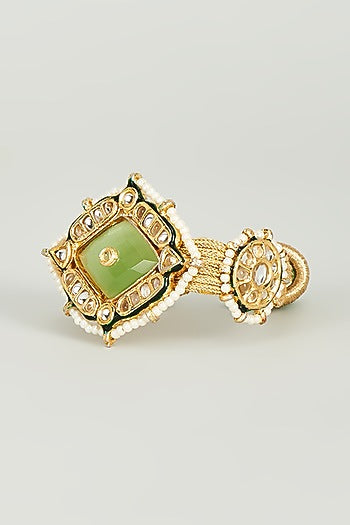 Gold Finish Kundan Polki & Aqua Green Semi-Precious Stone Bracelet
