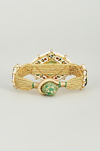 Gold Finish Kundan Polki & Aqua Green Semi-Precious Stone Bracelet