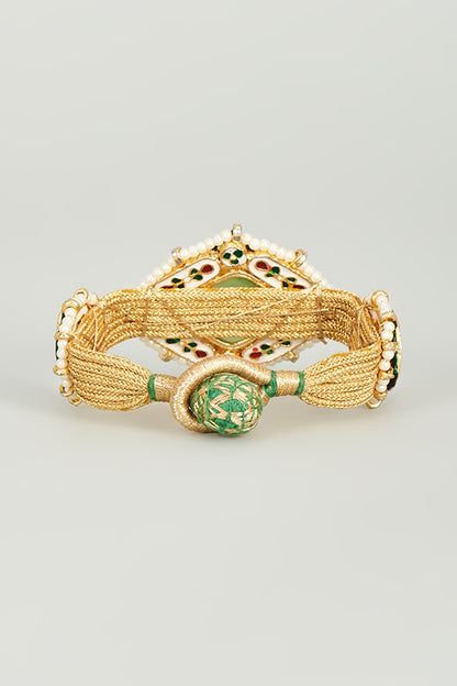 Gold Finish Kundan Polki & Aqua Green Semi-Precious Stone Bracelet