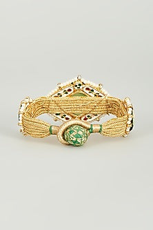 Gold Finish Kundan Polki & Aqua Green Semi-Precious Stone Bracelet