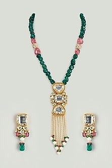 Gold Finish Kundan Polki & Green Semi-Precious Stone Long Necklace Set