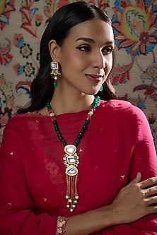 Gold Finish Kundan Polki & Green Semi-Precious Stone Long Necklace Set