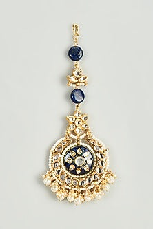 Gold Finish Kundan Polki & Blue Semi-Precious Stone Maang Tikka