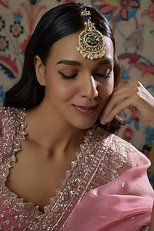 Gold Finish Kundan Polki & Blue Semi-Precious Stone Maang Tikka
