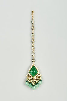 Gold Finish Kundan Polki & Green Semi-Precious Stone Maang Tikka