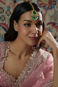 Gold Finish Kundan Polki & Green Semi-Precious Stone Maang Tikka