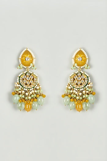 Gold Finish Kundan Polki & Yellow Semi-Precious Stone Chandbali Earrings
