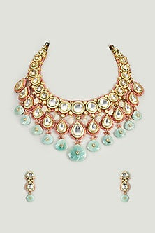 Gold Finish Kundan Polki & Aqua Green Semi-Precious Stone Necklace Set