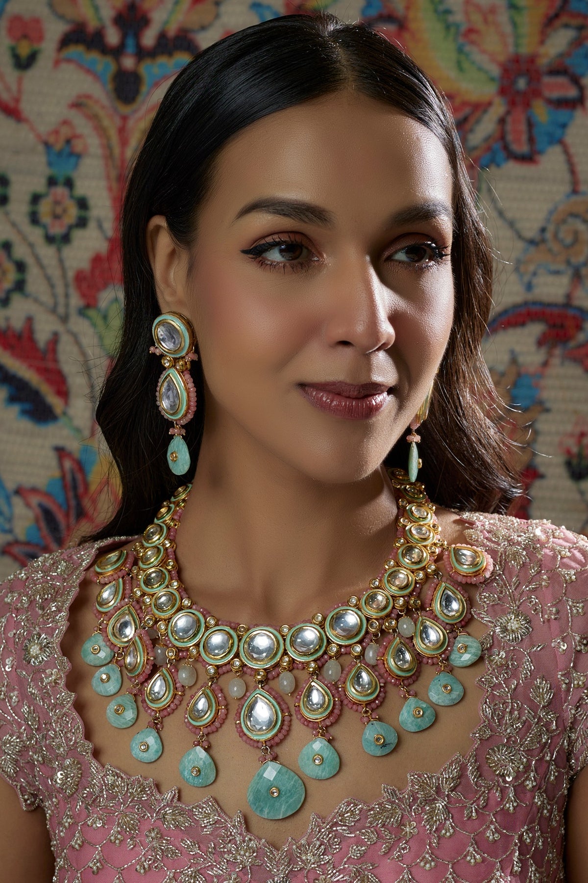 Gold Finish Kundan Polki & Aqua Green Semi-Precious Stone Necklace Set
