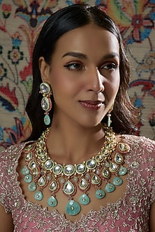Gold Finish Kundan Polki & Aqua Green Semi-Precious Stone Necklace Set